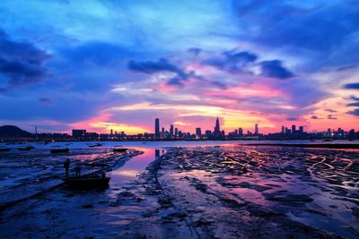 Scenic view of sea against cloudy sky during sunset