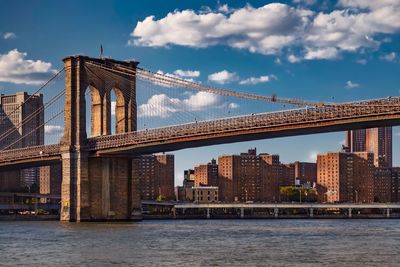 Golden gate bridge over river against sky in city