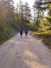 Rear view of people walking on road along trees