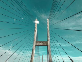 Low angle view of suspension bridge against cloudy sky