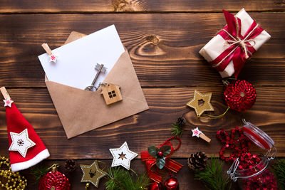 High angle view of christmas decorations on table