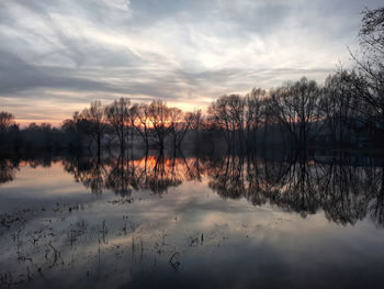 Scenic view of lake against sky at sunset