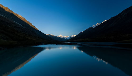 Scenic view of lake and mountains against clear blue sky