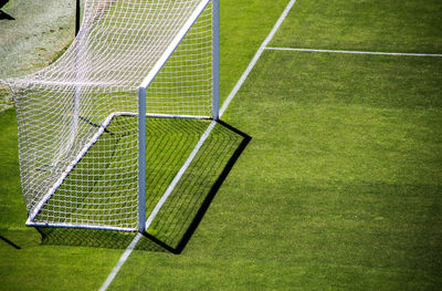 High angle view of goal post on soccer field