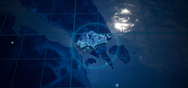 Abstract  geometric futuristic concept 3d map of singapore with borders as scribble,  blue neon 