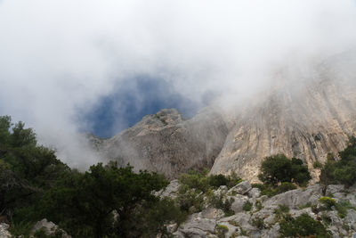 Smoke emitting from volcanic mountain against sky
