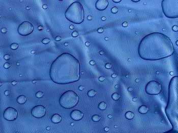 Full frame shot of water drops on blue surface