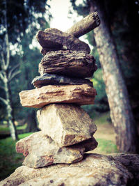 Close-up of stone stack on rock