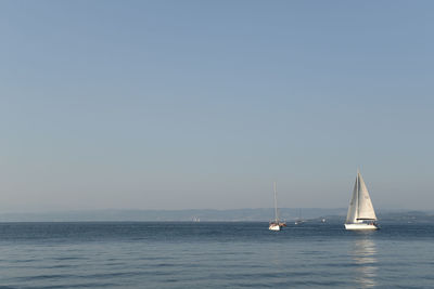 Sailboats sailing in sea against clear blue sky