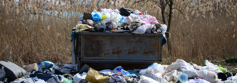 Garbage bin against dried plants