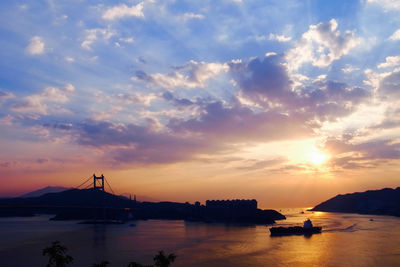 Scenic view of harbor at sunset