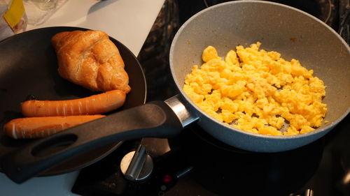 High angle view of breakfast on table