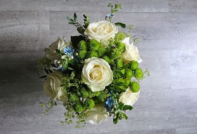 High angle view of rose bouquet on table