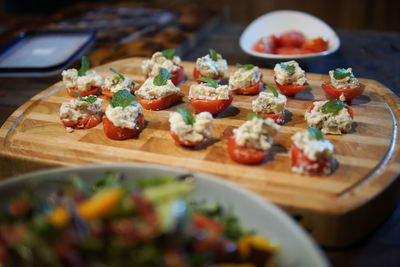 Close-up of food served on table