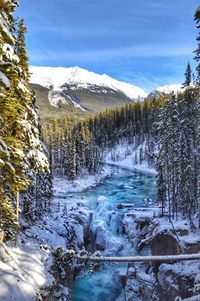 Scenic view of snowcapped mountains against sky, in sunwapta falls