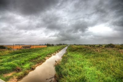 Scenic view of field against cloudy sky