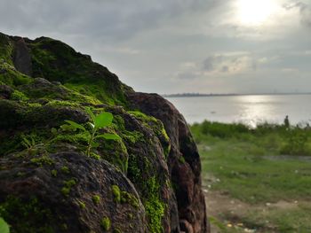 Scenic view of rocks by sea against sky