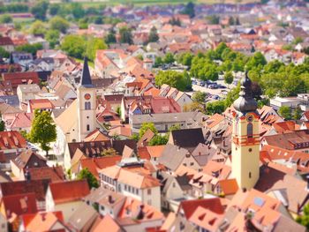 High angle view of houses in city