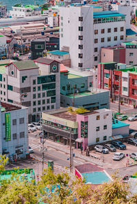 High angle view of buildings in city