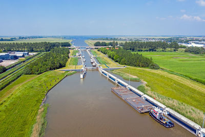 Aerial from princes margriet sluices near lemmer in the netherlands