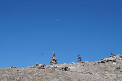 Low angle view of rocks against clear blue sky