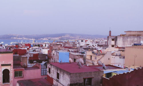 High angle view of townscape against clear sky