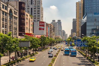 View of city street and modern buildings