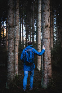 Rear view of man standing by tree trunk in forest