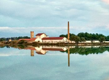 Reflection of buildings in calm lake