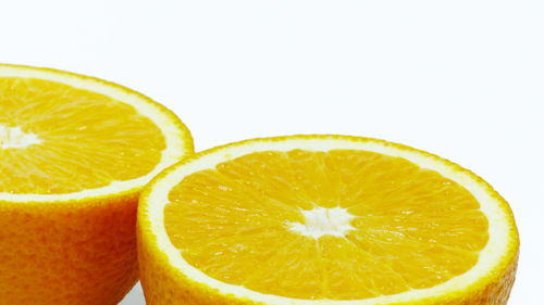 Close-up of orange slice against white background
