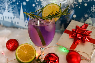 Close-up of christmas decorations on table