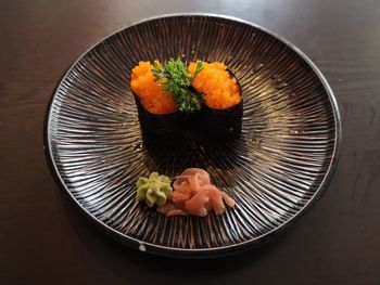 High angle view of sushi on plate on table