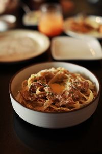 High angle view of pasta in plate on table