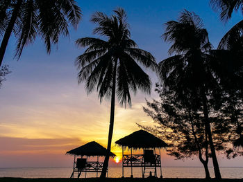 Silhouette palm trees on beach against sky during sunset