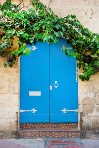 Traditional wooden, vintage painted blue door in malta