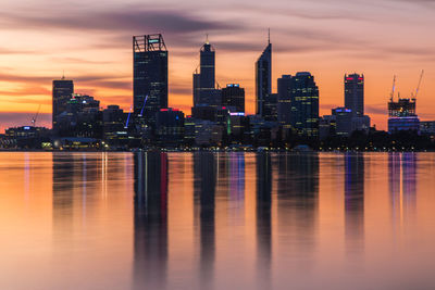 City skyline at sunset