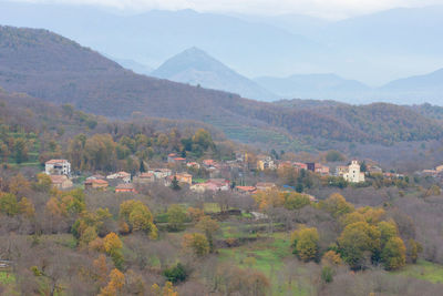 High angle view of trees and mountains