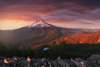 Scenic view of snowcapped mountains against sky during sunset