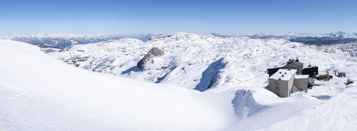 Panoramic view on ski resort located on glacier, surrounded by mountains and snow , austria, europe