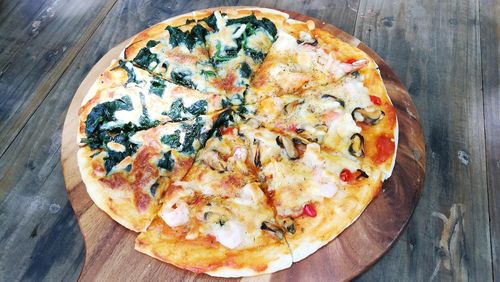 High angle view of pizza on table
