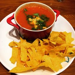 High angle view of soup in bowl on table