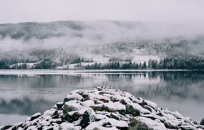 Scenic view of lake against sky during winter