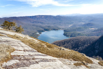 Scenic view of lake and mountains against sky