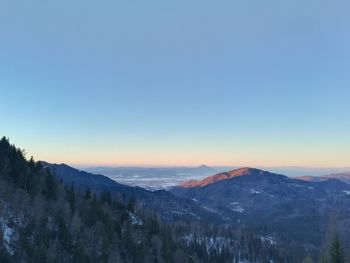 Scenic view of snowcapped mountains against clear sky during sunset