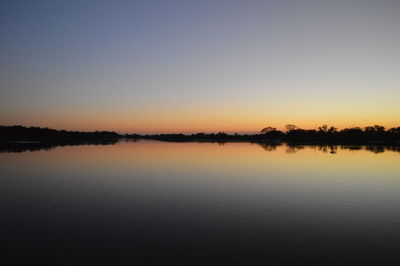 Scenic view of lake against clear sky during sunset