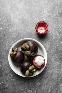 High angle view of fruits in bowl on table