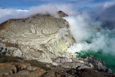 High angle view of mountains amidst smoke