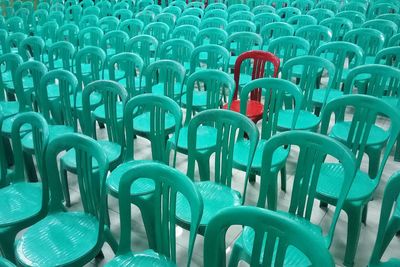 High angle view of empty chairs arranged in hall