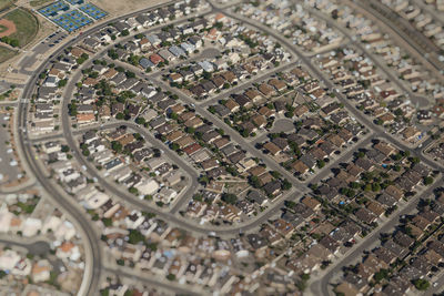 High angle view of city street and buildings