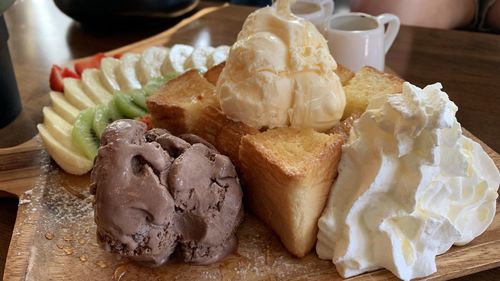 High angle view of ice cream in plate on table